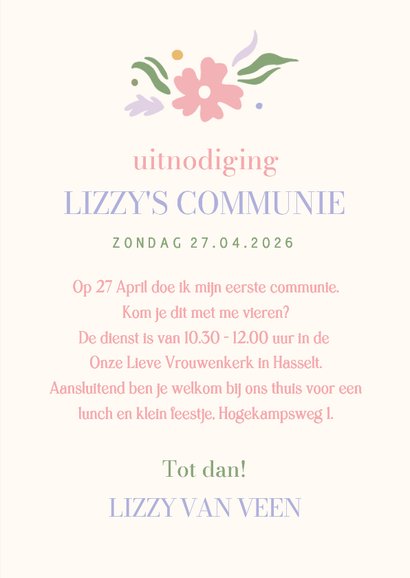 Trendy communie uitnodiging meisje met pastel bloemen 3