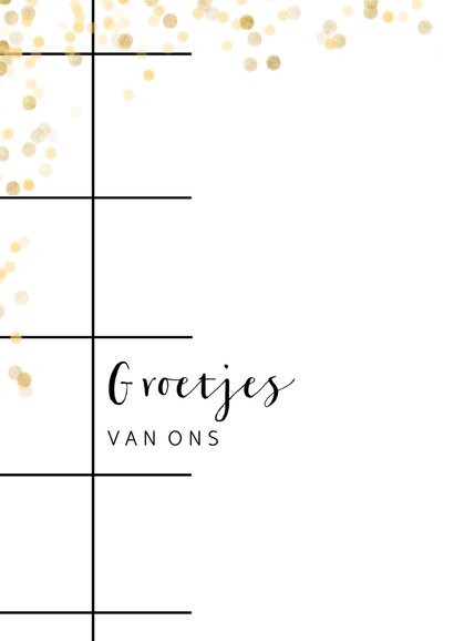 Trendy fotokaart met groet, raster en gouden confetti 2