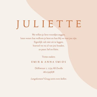 Trendy geboortekaartje in roze tinten met boogje en foto 3