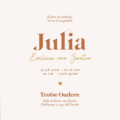 Trendy geboortekaartje met oranje boogje en goudfolie 3