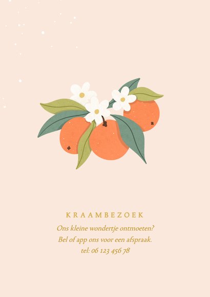 Trendy geboortekaartje oranje met sinaasappels goudfolie 2