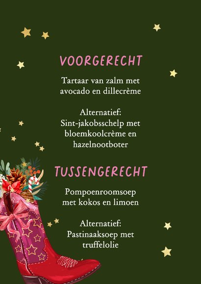 Trendy kaart kerstmenu cowboylaars botanische kersttakken 2