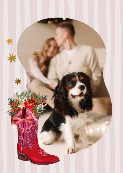 Trendy kerstkaart botanisch cowboylaars sterren goud 2