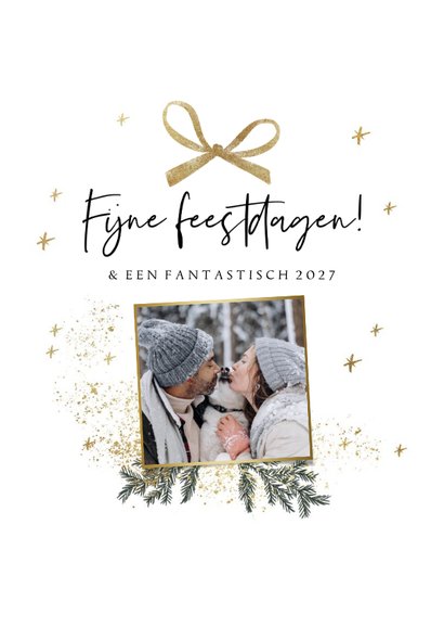Trendy kerstkaart fotocollage kerstboom goudlook strik 2