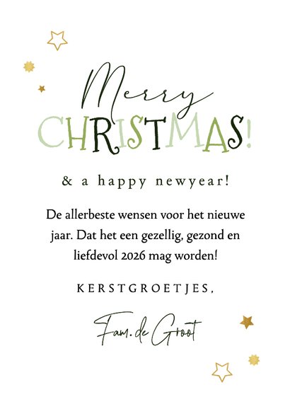 Trendy kerstkaart Merry new home sleutel sterren goud 3