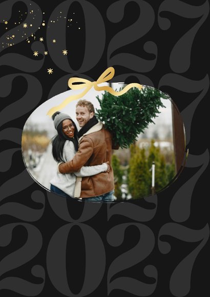 Trendy kerstkaart zwart strik jaartal goudlook met foto 2