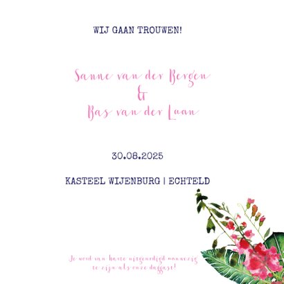 Trendy, kleurrijke trouwkaart met prachtige bloemen 3