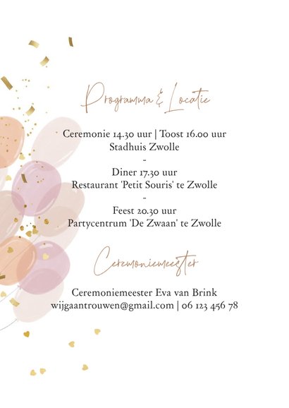 Trendy trouwkaart lijnillustratie koppel ballonnen goud 2