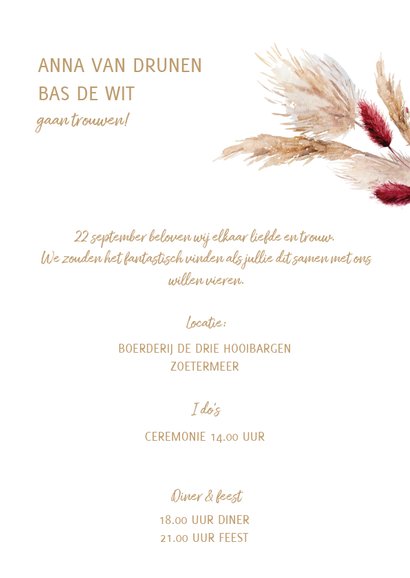 Trendy trouwkaart met pampasgras en droogbloemen 3