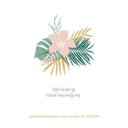 Trendy trouwkaart met tropical bladeren in pastelkleuren 2
