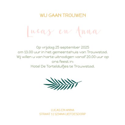 Trendy trouwkaart met tropical bladeren in pastelkleuren 3