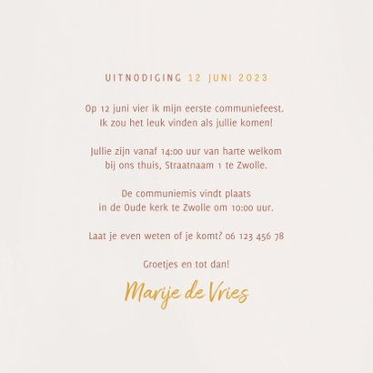 Trendy uitnodiging communiefeest met goudlook en foto's 3
