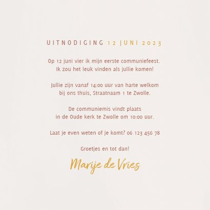 Trendy uitnodiging communiefeest met goudlook en foto's 3