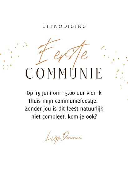 Trendy uitnodiging eerste communie collage goud spetters 3
