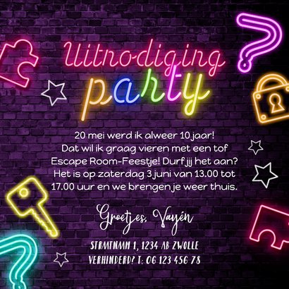 Trendy uitnodiging kinderfeest escape room neon 3