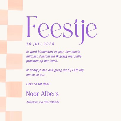 Trendy uitnodiging met oranje blokjes en foto feestje 3