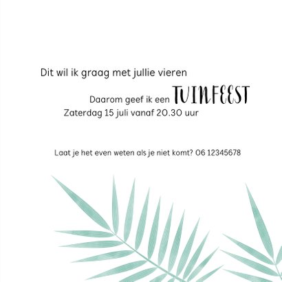 Trendy uitnodiging voor een tuinfeest met tropische bladeren 3
