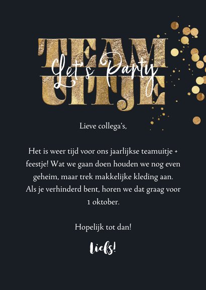 Trendy uitnodigingskaart teamuitje foto goudlook confetti 3