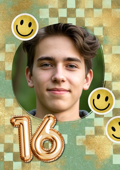Trendy verjaardagskaart blokjes smileys folieballon goud 2