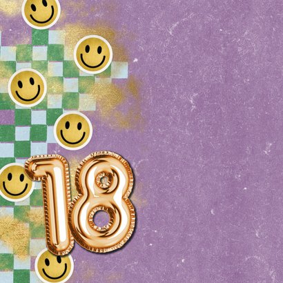 Trendy verjaardagskaart folieballon 18 jaar foto smiley goud 2
