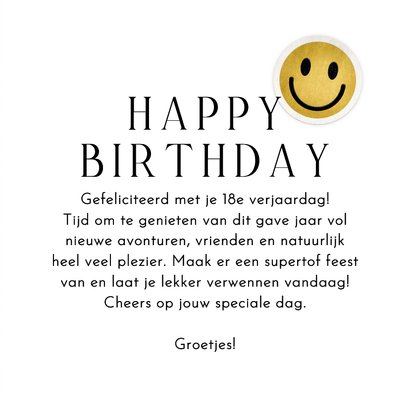 Trendy verjaardagskaart folieballon 18 jaar foto smiley goud 3