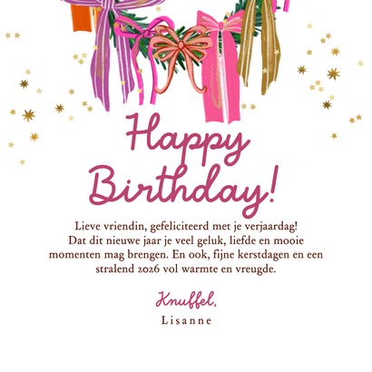 Trendy verjaardagskaart kerstkrans strikken goud foto ster 3