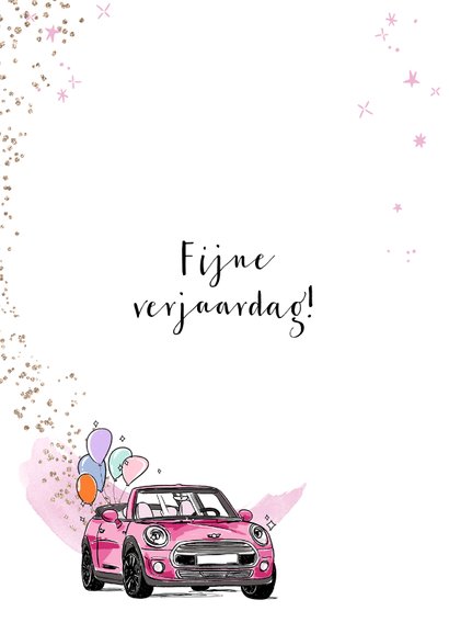 Trendy verjaardagskaart met auto in roze en ballonnen 2