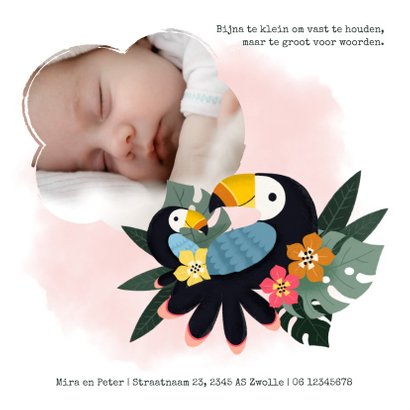Tropisch geboortekaartje met toekans, plantjes en waterverf 2