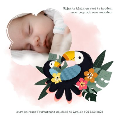 Tropisch geboortekaartje met toekans, plantjes en waterverf 2