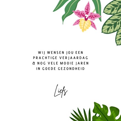 Tropische verjaardagskaart met vogel en kleurrijke bloemen 3
