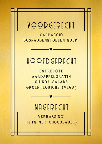 Trouwen menukaart zwart met foliedruk poster letters 3