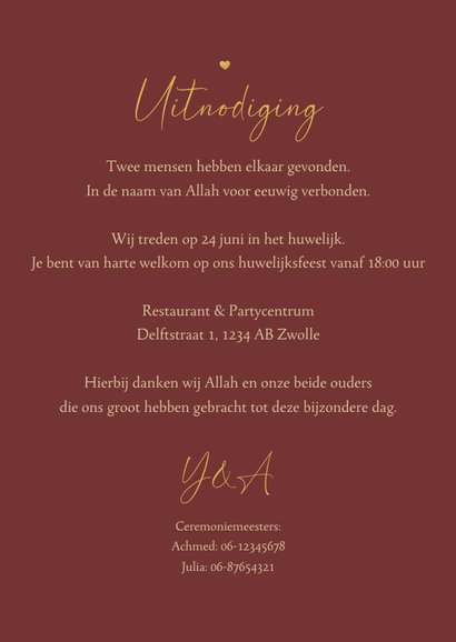 Trouwkaart arabisch patroon goud hartjes stijlvol 3
