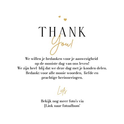 Trouwkaart bedankt fotocollage goud hartjes eucalyptus 3