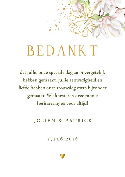 Trouwkaart bedankt magnoliatakken met goudfolie 3