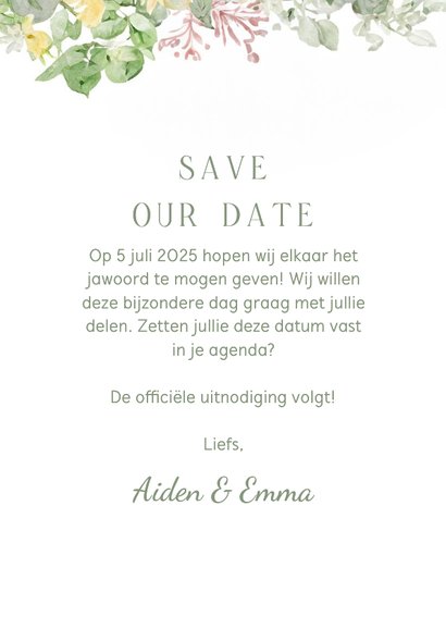 Trouwkaart bloemen in de hoek romantisch save the date 3