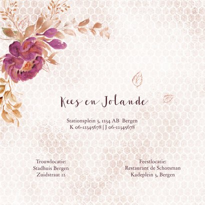 Trouwkaart boeket met roos op honingraatmotief 2