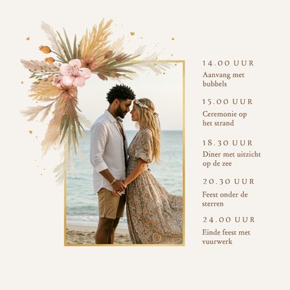Trouwkaart bohemian bloemen pampasgras zomer strand katoen 2