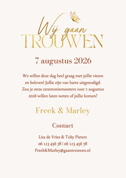 Trouwkaart bohemian bloemen zomer vlinders goud hartjes 3