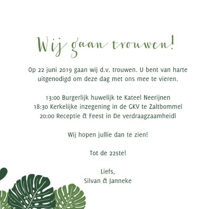 Trouwkaart botanisch groen met grote bladeren 3