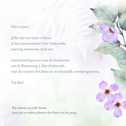 Trouwkaart botanisch lila-roze bloemen 3