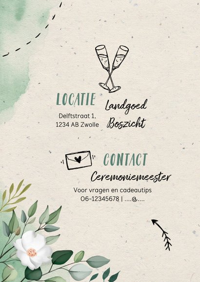 Trouwkaart botanisch waterverf doodle met foto 2