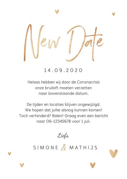 Trouwkaart change the date goud stijlvol hartjes 3