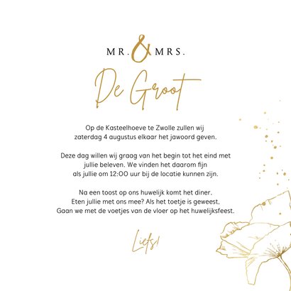 Trouwkaart chique velvet groen lijnillustratie klaproos goud 3