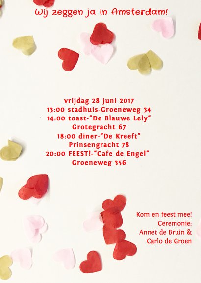 trouwkaart confetti hartjes 2