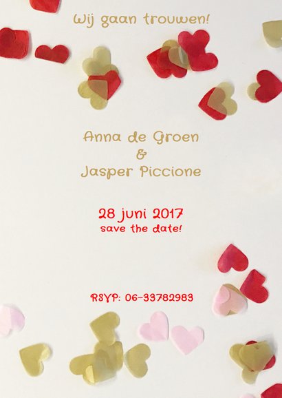 trouwkaart confetti hartjes 3