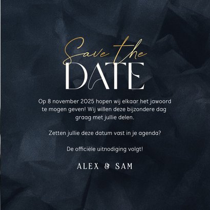 Trouwkaart donkerblauw save the date met goud stijlvol 3