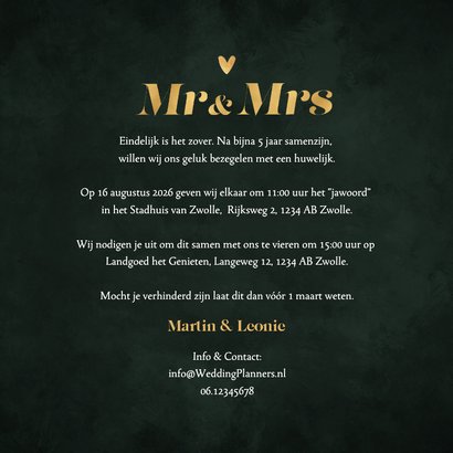 Trouwkaart donkergroen mr and mrs goud hartje 3