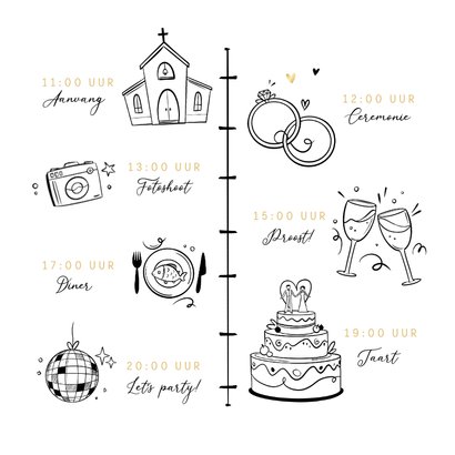 Trouwkaart doodle timeline illustratie hartjes goud 2