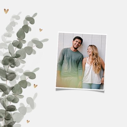 Trouwkaart eucalyptus goud hartjes datum veranderd 2