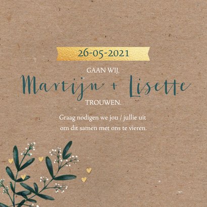 Trouwkaart eucalyptus kraftlook hartjes 2